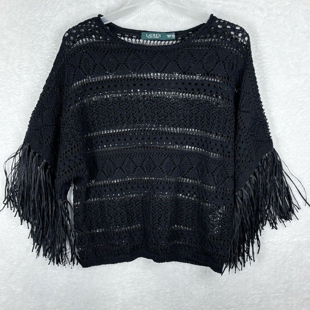 RALPH LAUREN Women's‎ Crochet Black Sweater W/Tasseled Bell Sleeves Size PXS